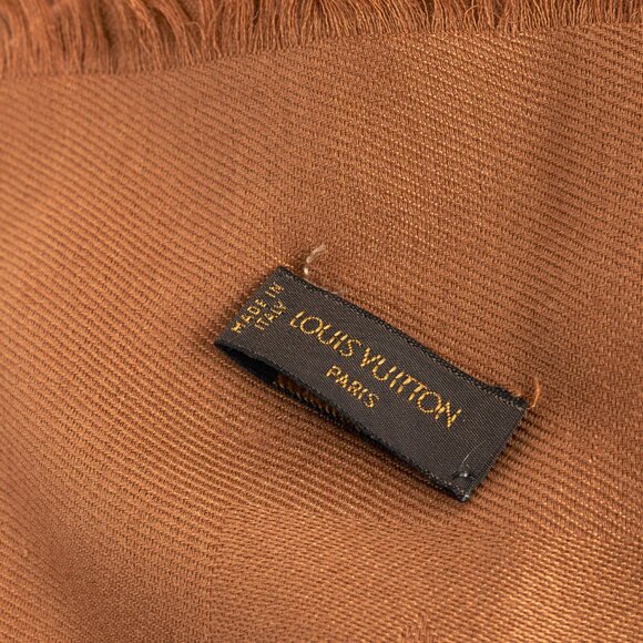 Louis Vuitton Camel Silk & Wool Monogram Fringe Shawl - Picture 3 of 5